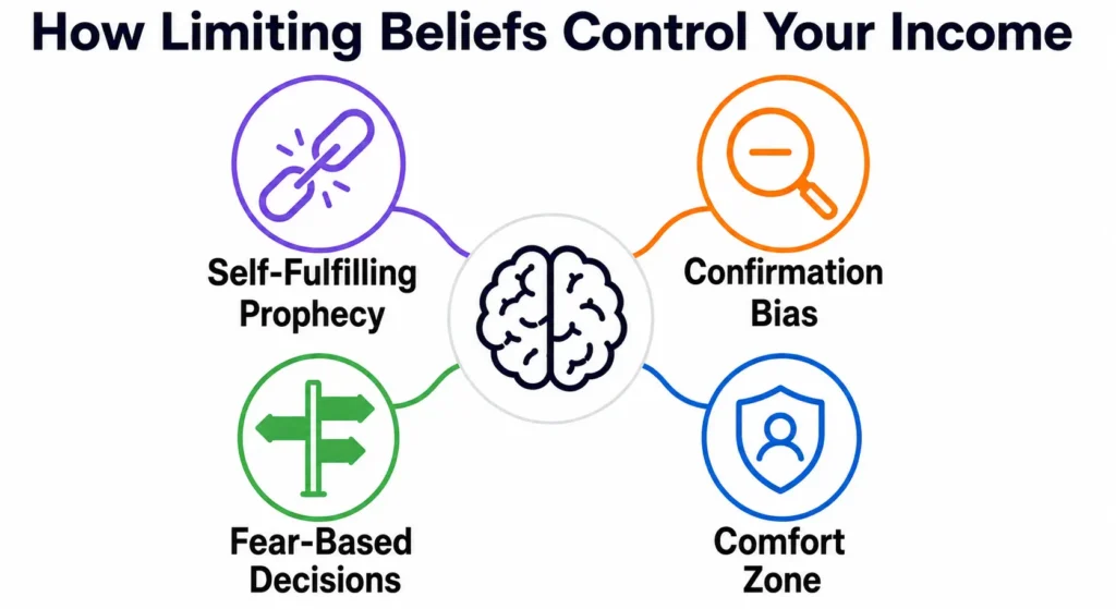 How limiting beliefs control income through fear, confirmation bias, comfort zones, and self-sabotage