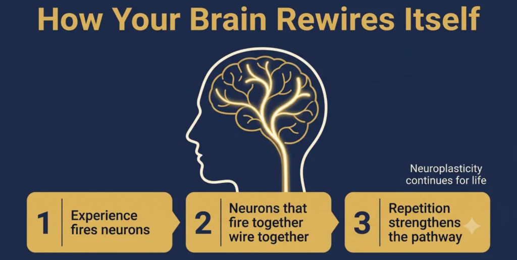 How your brain rewires itself through neuroplasticity, neural pathways, repetition, and learning habits.