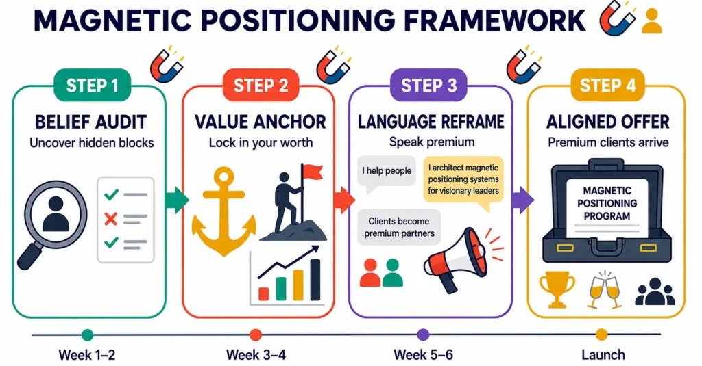 Infographic showing the Magnetic Positioning Framework for attracting premium clients through value, positioning, and offers.