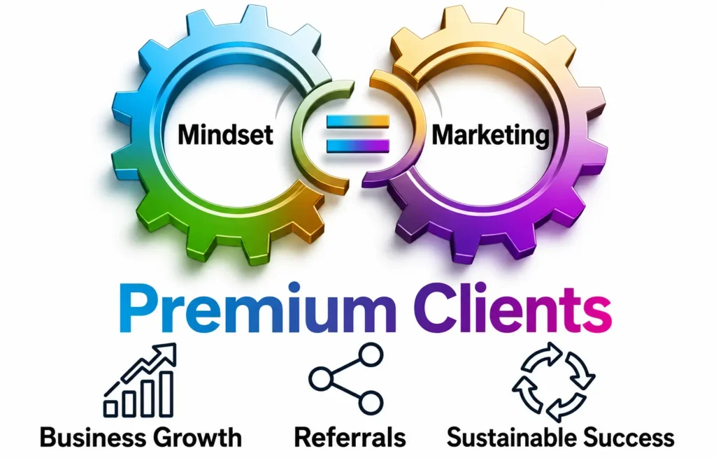 Infographic showing how mindset and marketing work together to attract premium clients, referrals, and sustainable business growth.