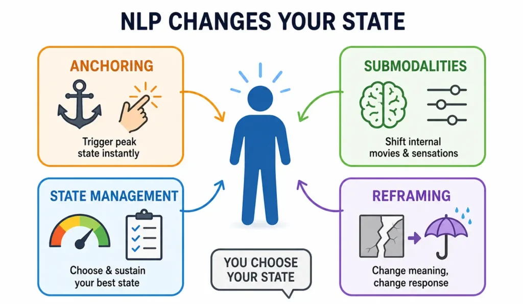 Infographic titled "NLP Changes Your State" detailing anchoring, submodalities, state management, and reframing.
