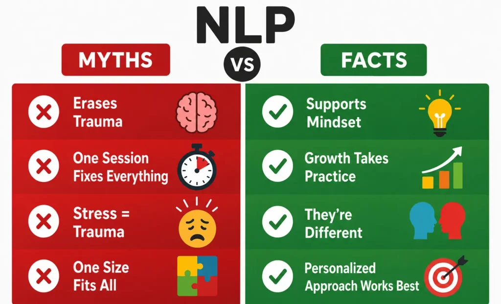NLP Techniques myths vs facts infographic comparing common misconceptions against truths regarding mindset, trauma, and personalized approaches.