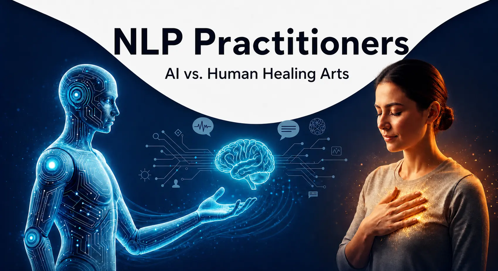An illustration contrasting AI technology with human touch, titled "NLP Practitioners: AI vs. Human Healing Arts.