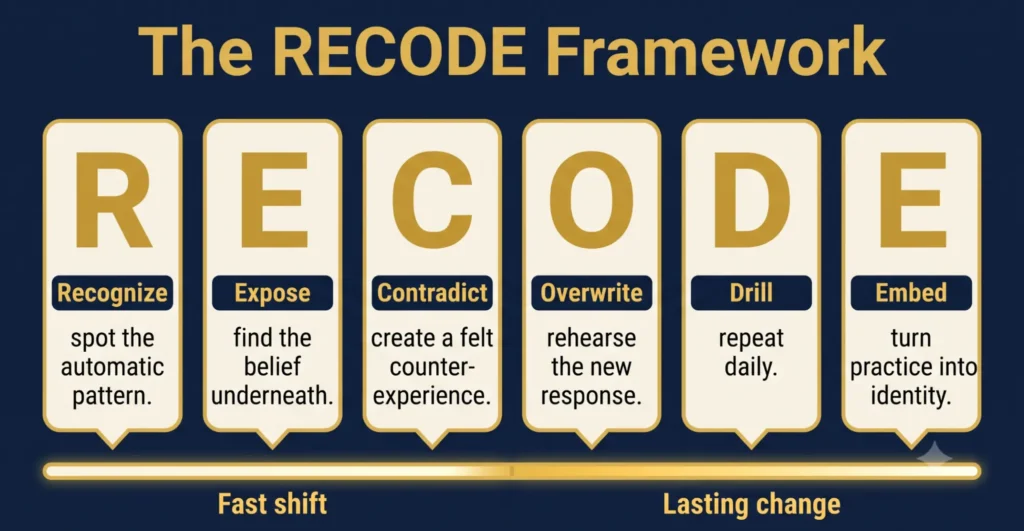 RECODE framework for lasting belief change through recognition, practice, and habit reinforcement.