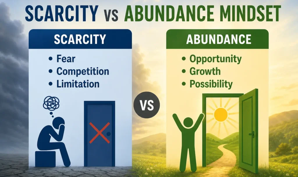 Scarcity vs abundance mindset comparison showing fear, growth, opportunity, and possibility choices.
