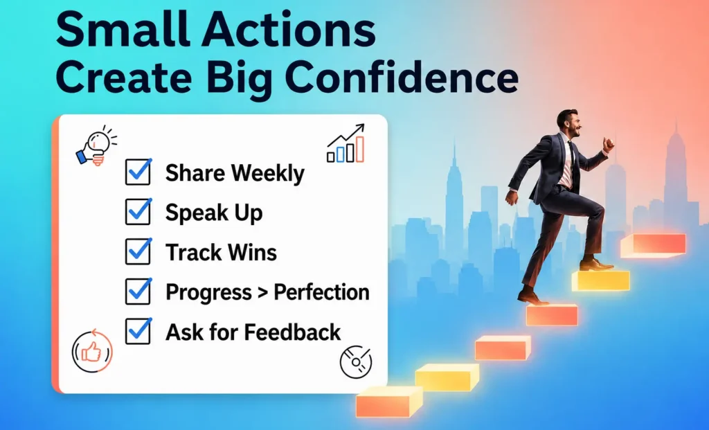 An illustrated checklist titled "Small Actions Create Big Confidence" next to a businessman climbing glowing steps, with all five actions checked: Share Weekly, Speak Up, Track Wins, Progress > Perfection,