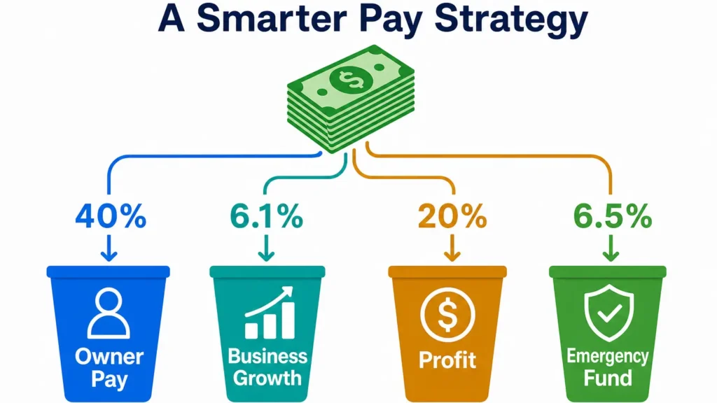 Infographic showing a smarter pay strategy allocating revenue for Owner Pay, Business Growth, Profit, Emergency Fund, and Reinvesting.