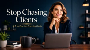 Professional coach using NLP strategies to attract premium coaching clients instead of chasing leads, working at a laptop.