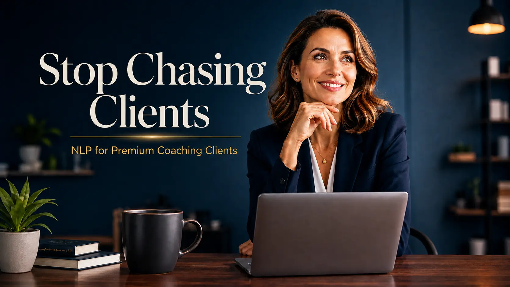 Professional coach using NLP strategies to attract premium coaching clients instead of chasing leads, working at a laptop.