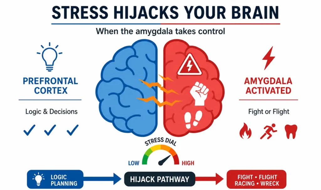 Infographic titled "Stress Hijacks Your Brain" illustrating the prefrontal cortex versus an activated amygdala.