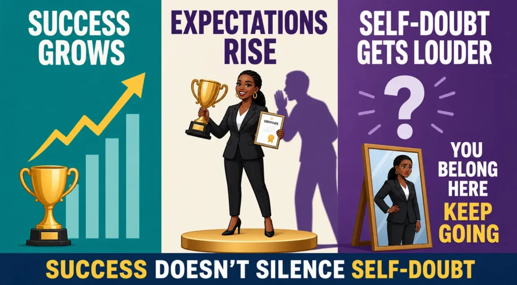 A glowing woman walks ahead of a dark crowd, text reads: The Scroll-Stopper Mindset: Overcoming Imposter Syndrome.