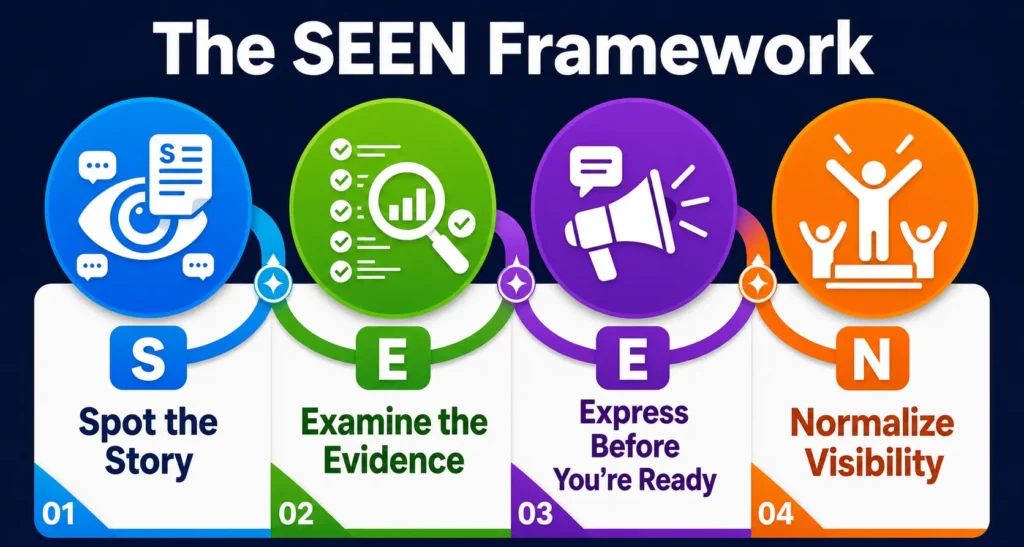 The SEEN framework graphic: 1. Spot the Story, 2. Examine the Evidence, 3. Express Before You're Ready, 4. Normalize Visibility.
