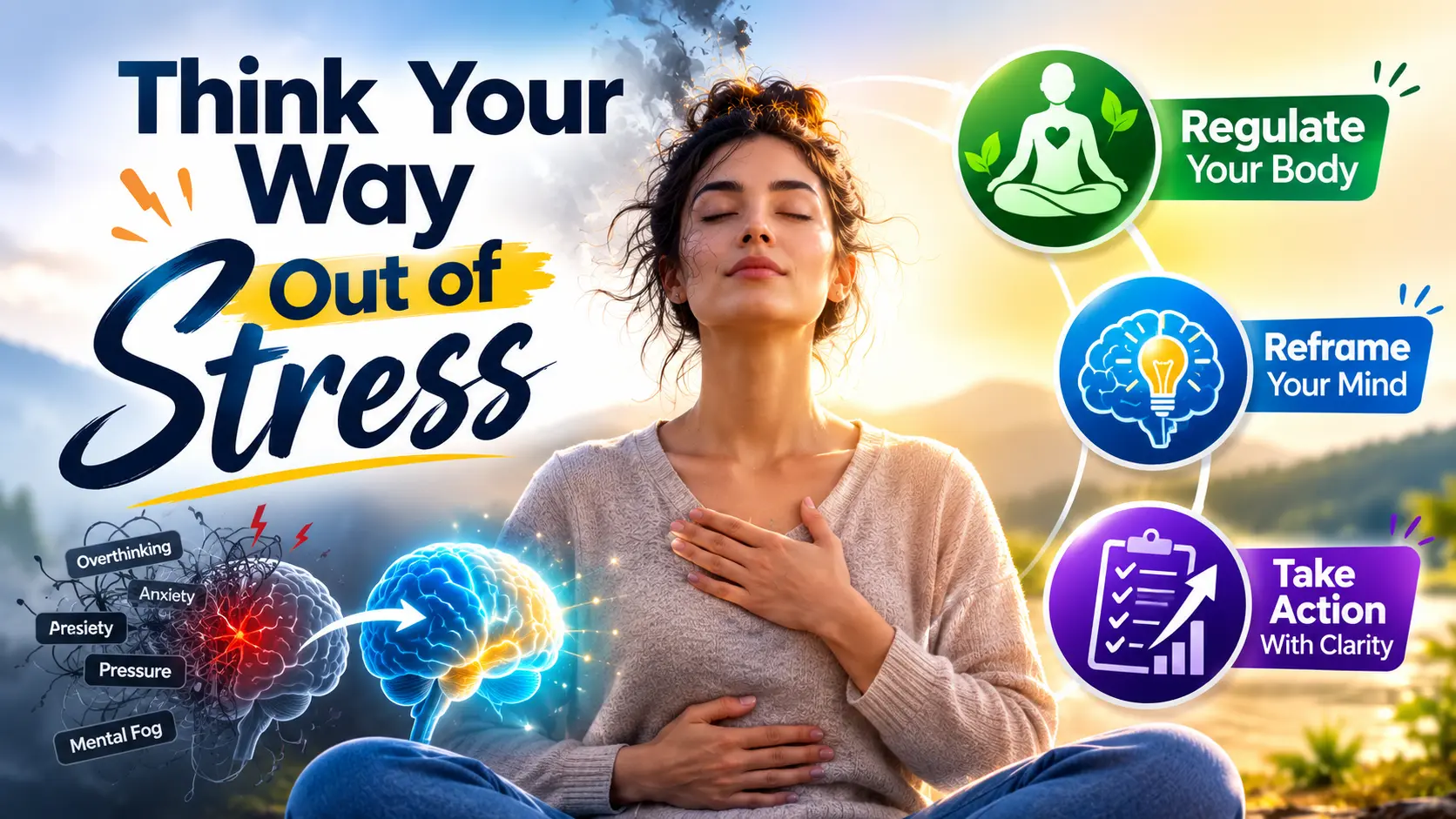 Infographic detailing a 3-step process to shift from a chaotic, stressed brain to a calm, clear state.