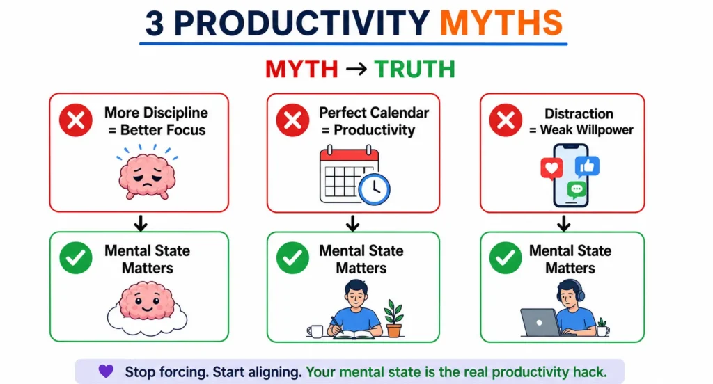 Infographic titled "3 Productivity Myths" comparing common myths to the truth that mental state matters.