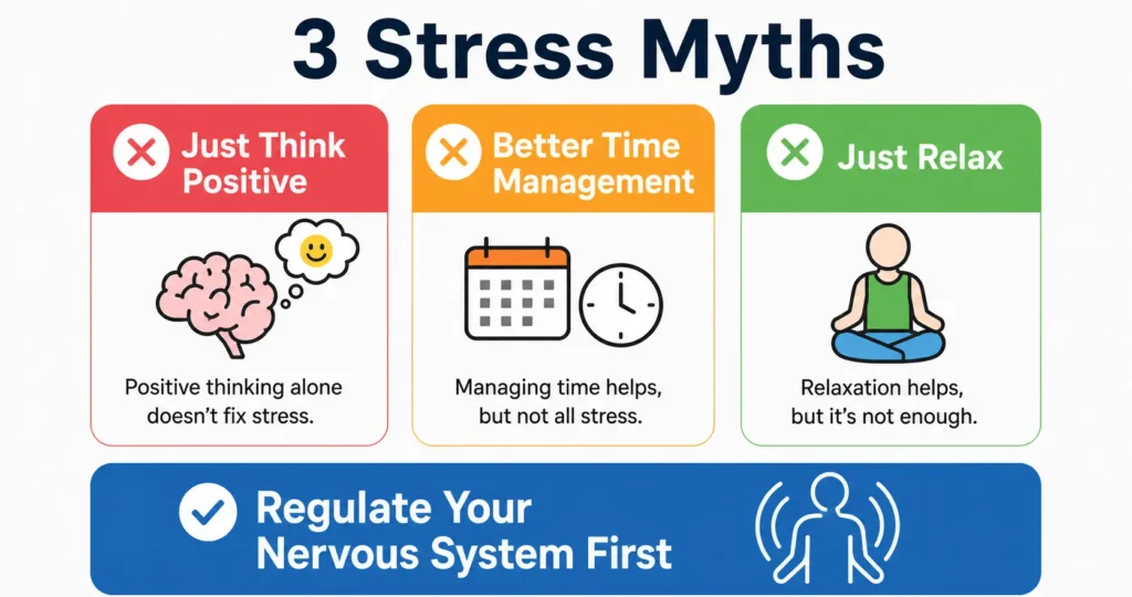 Infographic titled "3 Stress Myths" breaking down why positive thinking, time management, and relaxation alone are not enough, emphasizing the need to regulate the nervous system first.
