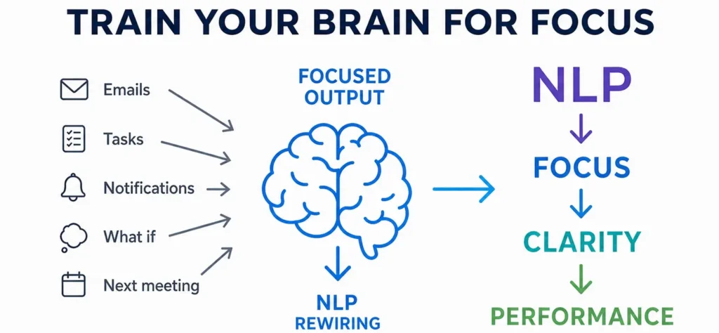 Infographic titled "Train Your Brain for Focus" showing how NLP rewiring leads to clarity and performance.