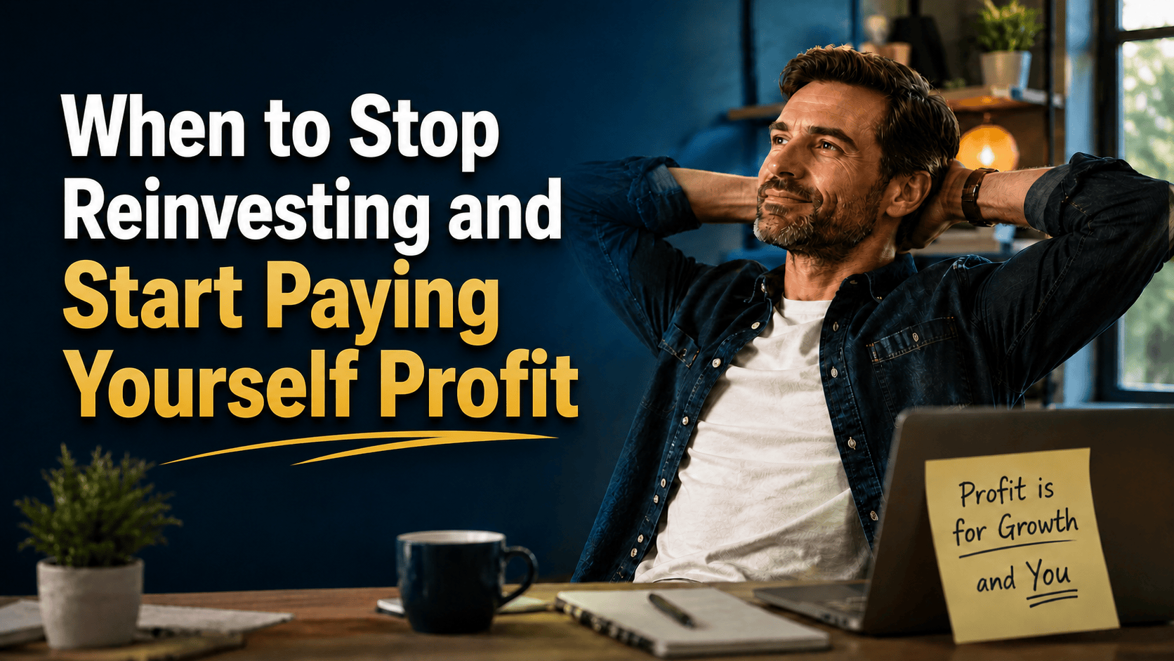 A professional man relaxing at a desk with a laptop, symbolizing the transition from business reinvestment to taking profit.