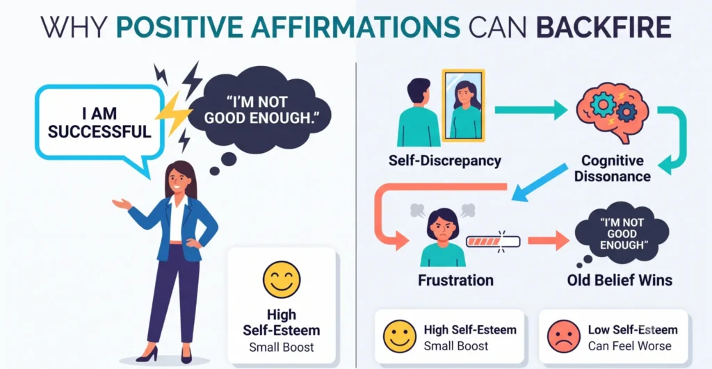 Why positive affirmations can backfire when limiting beliefs create self-doubt and cognitive dissonance.Select 86 more words to run Humanizer.