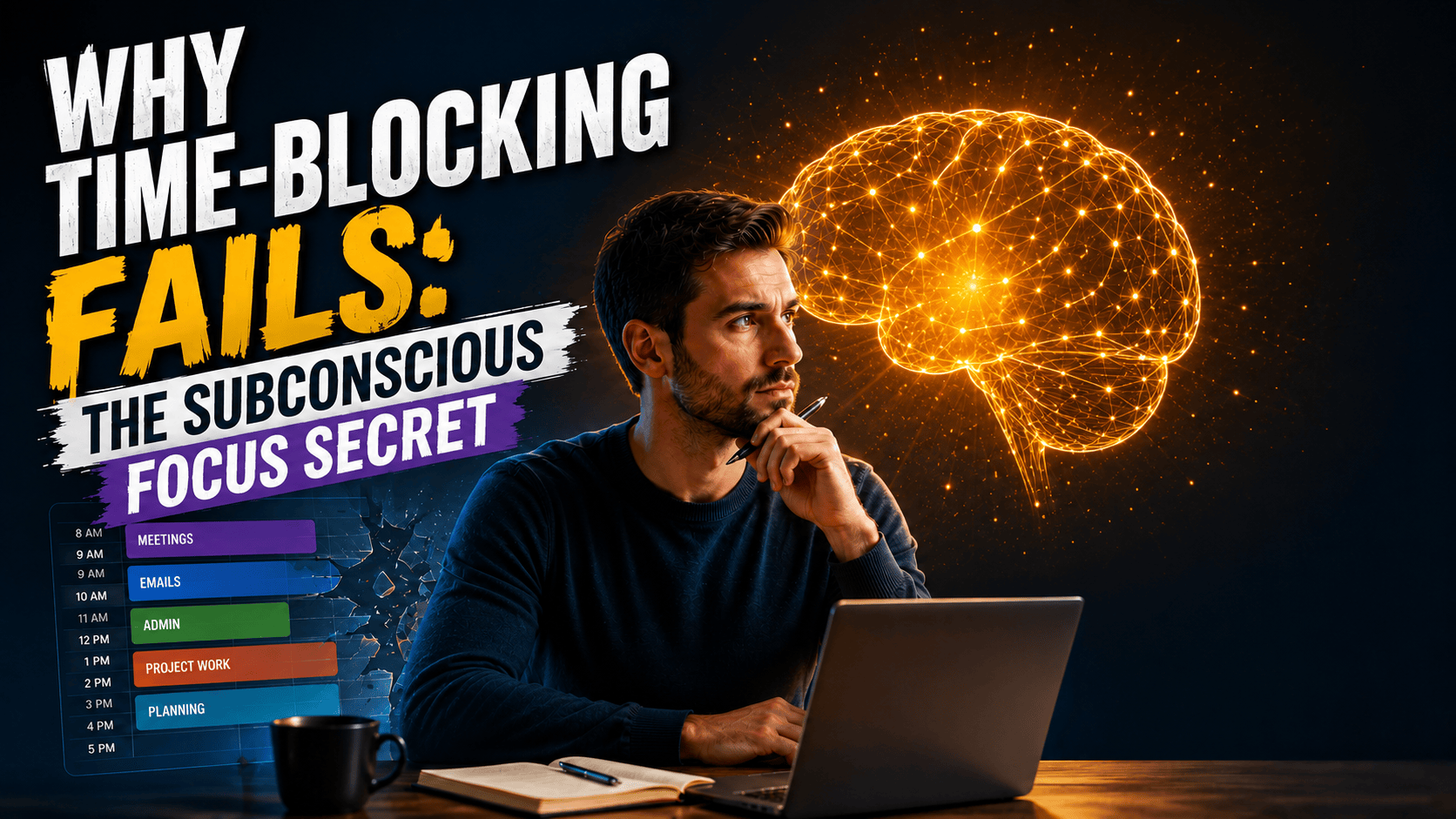 Infographic titled Why Time-Blocking Fails discussing the subconscious focus secret for productivity. (97 characters)