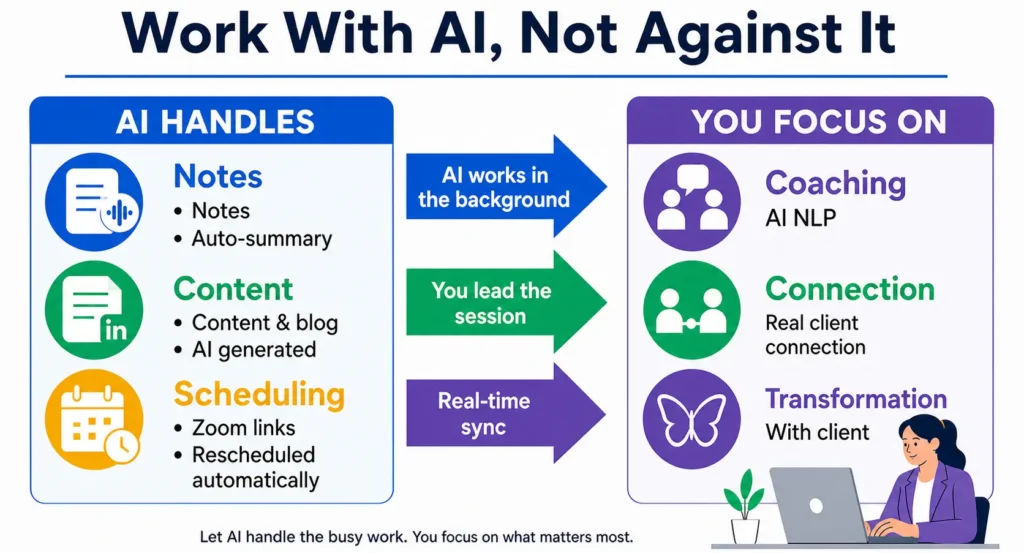 Infographic showing how AI handles busy work like notes, content, and scheduling, while you focus on coaching, connection, and transformation.