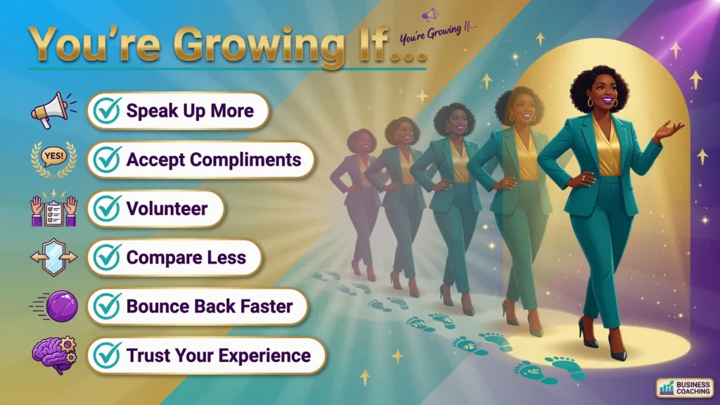 Growth checklist: Speak Up, Accept Compliments, Volunteer, Compare Less, Bounce Back, Trust Experience.