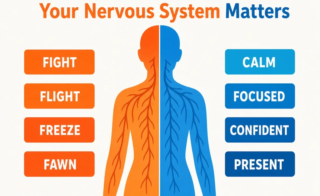 Infographic titled 'Your Nervous System Matters' showing a human silhouette split between an orange side representing stress responses (Fight, Flight, Freeze, Fawn) and a blue side representing regulated states (Calm, Focused, Confident, Present)