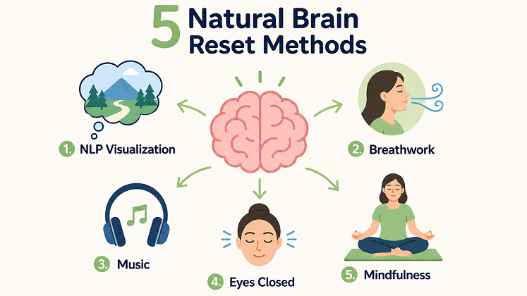 5 natural brain reset methods: NLP visualization, breathwork, music, eyes closed, and mindfulness