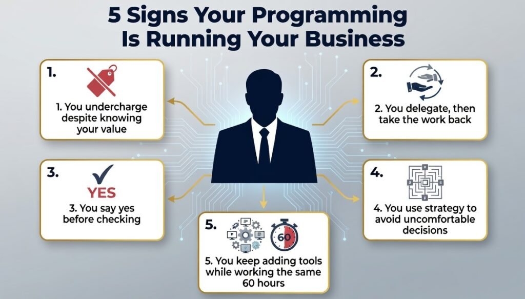 Infographic outlining 5 signs subconscious programming is running your business.