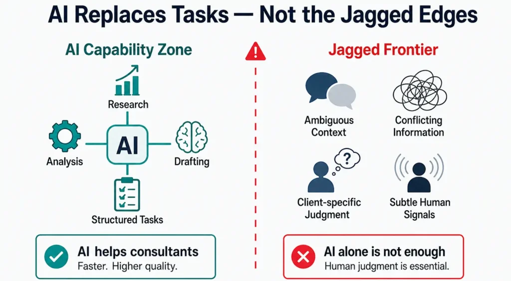 Infographic comparing the AI capability zone with the jagged frontier where human judgment is needed.