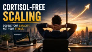 Business professional relaxing as growth rises, promoting cortisol-free scaling with less stress daily