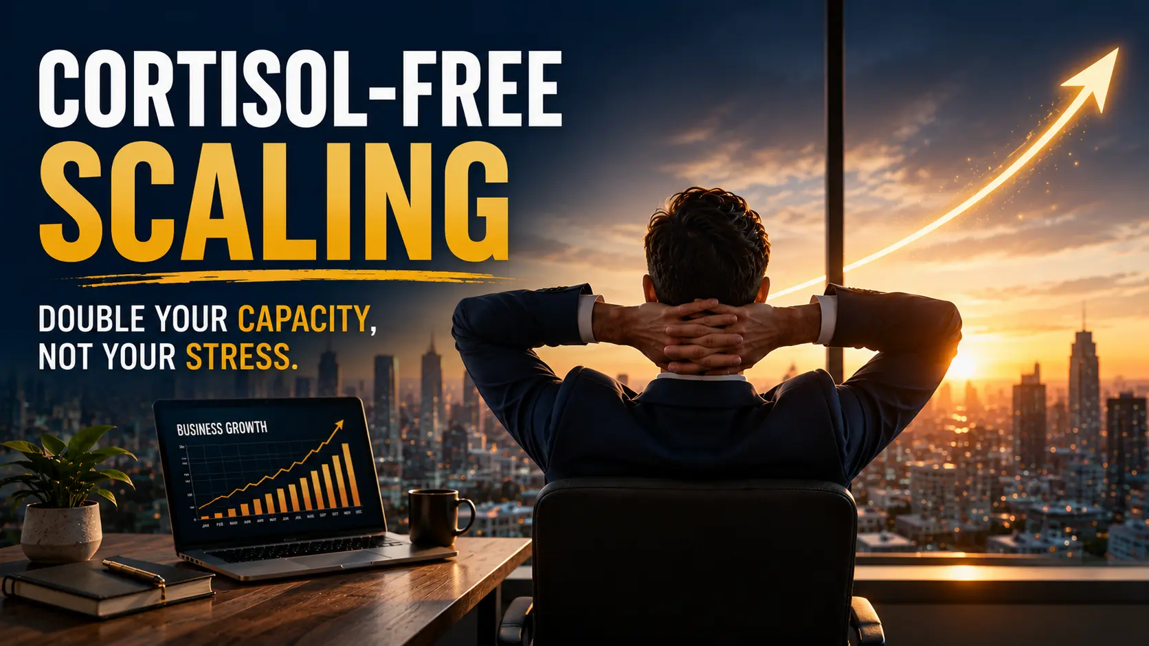 Business professional relaxing as growth rises, promoting cortisol-free scaling with less stress daily