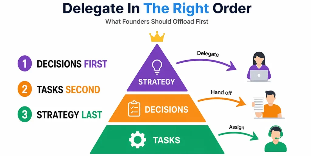 Delegation pyramid showing founders should assign tasks, hand off decisions, and keep strategy last.