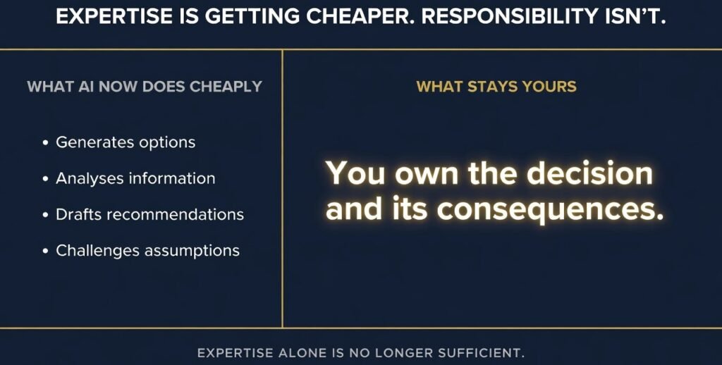 Infographic comparing cheap AI capabilities with human responsibility for final decisions.