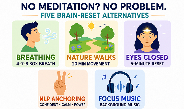 Five brain-reset alternatives to meditation: breathing, nature walks, eyes closed, NLP anchoring, and focus music