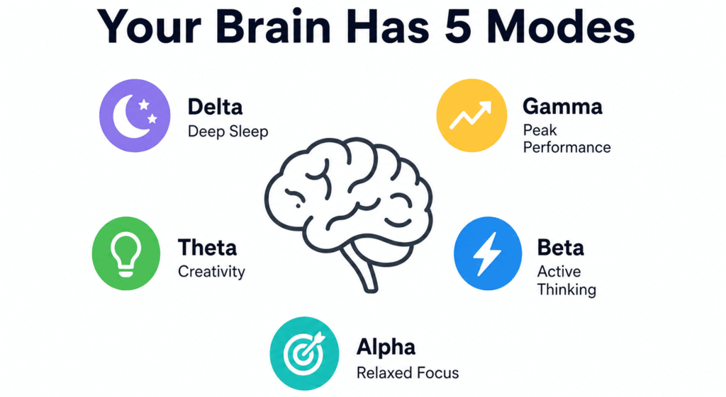 Five brainwave modes: Delta, Theta, Alpha, Beta, and Gamma for sleep, creativity, focus, and performance