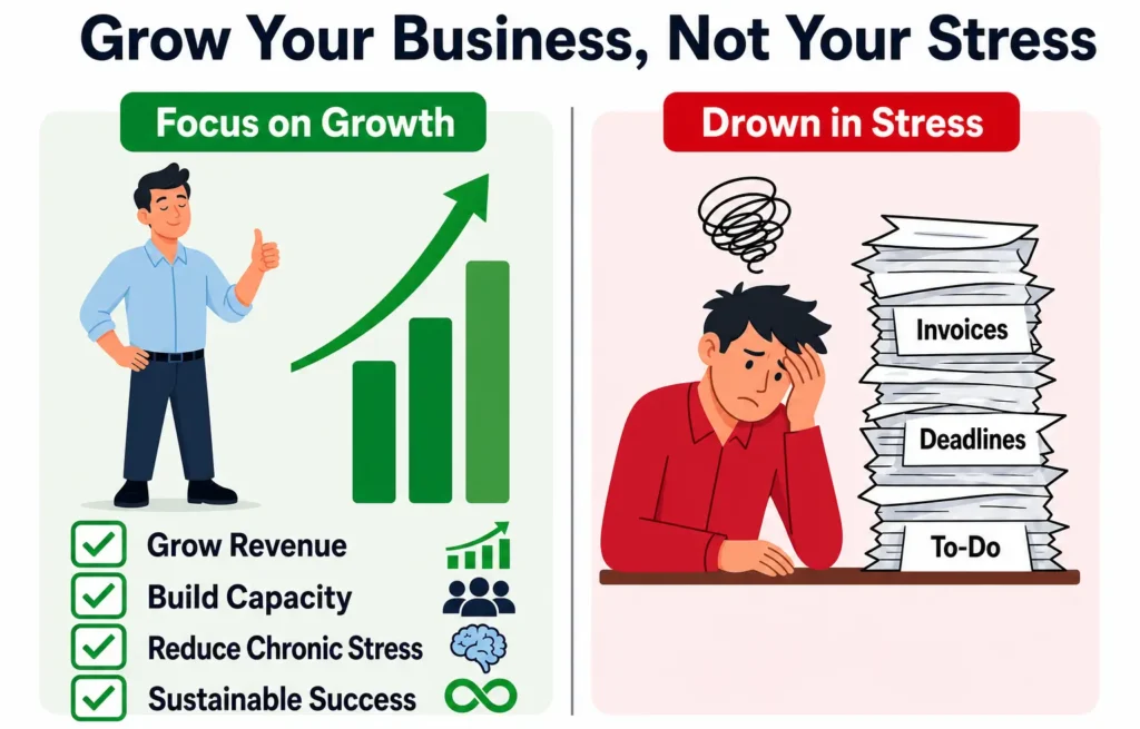 Comparison of business growth through focus versus stress from invoices, deadlines, and endless to-dos.