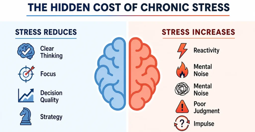 Infographic showing chronic stress lowers focus and judgment while increasing reactivity and mental noise.