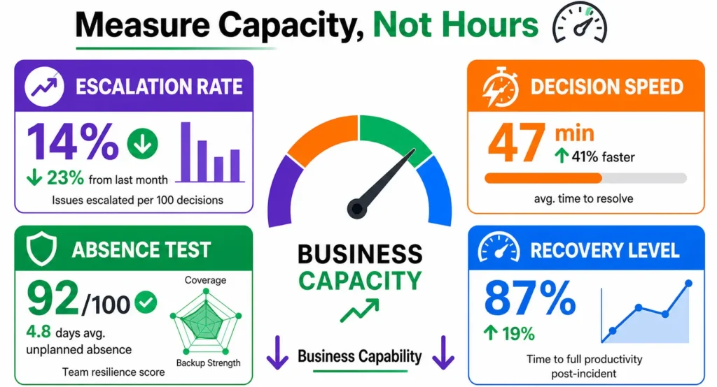 Dashboard tracking business capacity with escalation, decisions, recovery, and absence performance metrics.