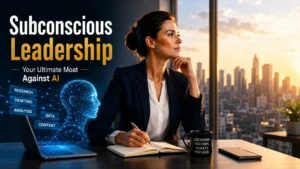 Professional woman at a desk writing next to a glowing AI visualization and city skyline backdrop.