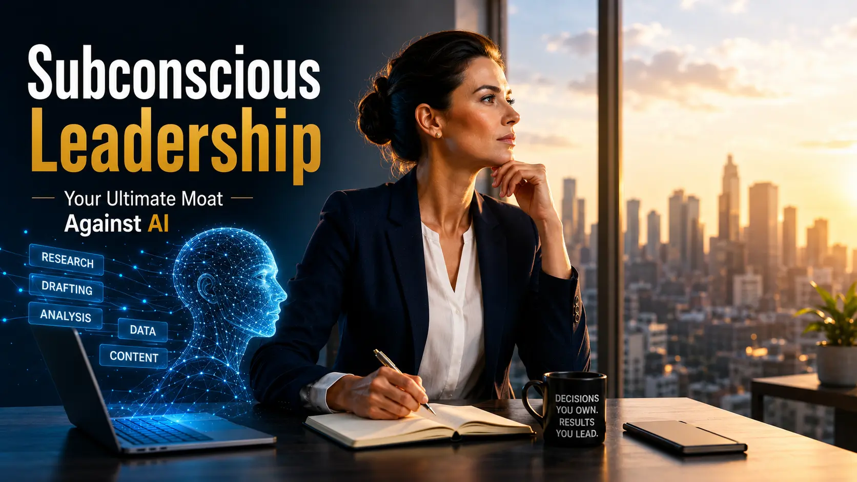 Professional woman at a desk writing next to a glowing AI visualization and city skyline backdrop.