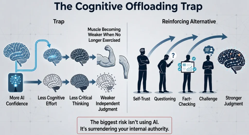 Infographic warning about the cognitive offloading trap when relying too heavily on AI.