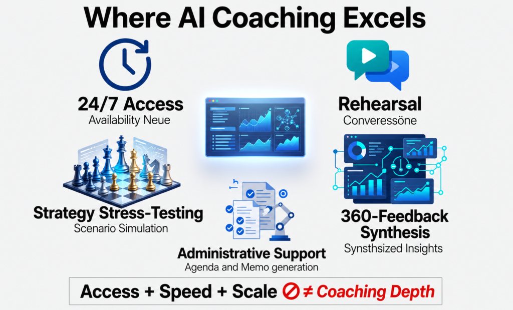Infographic highlighting where AI coaching excels: 24/7 access, strategy testing, and support.